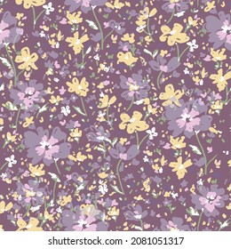 Sketchy Wild Floral Repeat Vector Seamless Pattern Background Mauve cream yellow white pink
