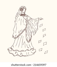 Sketchy woman silhouette in retro clothes. Gypsy. Romany. Fortuneteller. ,