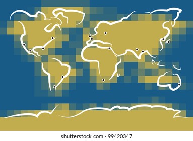 Sketchy World Map created out of lines and squares with main cities marked