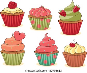 Sketchy yummy cupcakes set. CMYK with global colors vector illustration.