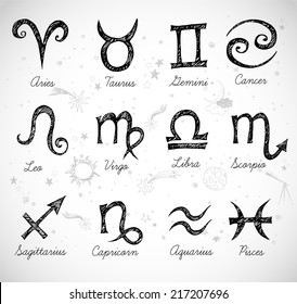 Sketchy zodiac symbols hand-drawn with ink. Vector illustration.