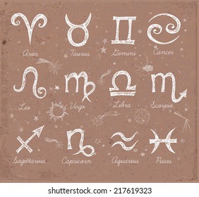Sketchy zodiac symbols hand-drawn with ink. Vector illustration.