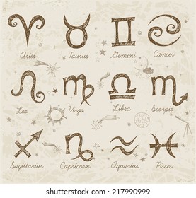 Sketchy zodiac symbols hand-drawn with ink. Vector illustration.