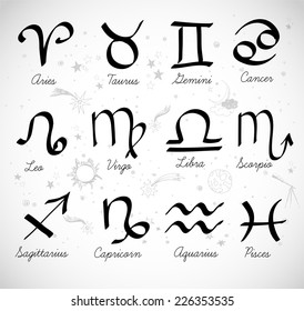 Sketchy zodiac symbols hand-drawn with ink. Vector illustration.