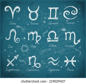 Sketchy zodiac symbols hand-drawn on blackboard. Vector illustration.