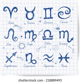 Sketchy zodiac symbols hand-drawn with pen. Vector illustration.