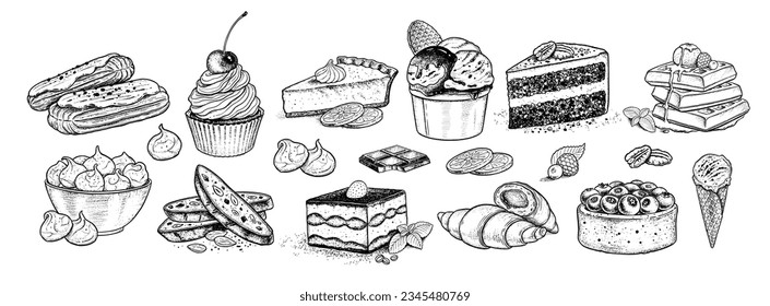 Sketh icons vintage vector illustrations collection of desserts and bakery