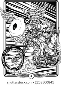 sketsa design lowrider custom bike and character vector illustration