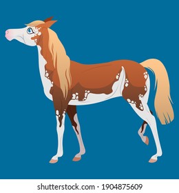 A skewbald horse stands in profile. Colored spots. Pinto horse. Vector isolated illustration. One object. Cute character.