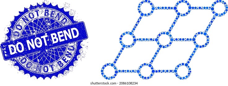 Skewed grid vector mosaic of round dots in variable sizes and blue color tinges, and distress Do Not Bend stamp seal. Blue round sharp rosette stamp includes Do Not Bend caption inside it.