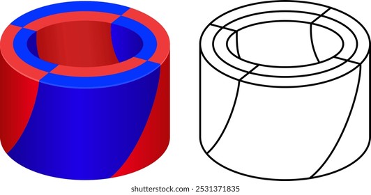 Un imán magnetizado sesgado. Los polos magnéticos están orientados en un ángulo (sesgado) relativo al eje del imán, en lugar de estar alineados axialmente o diametralmente. Ilustración de color de Vector.