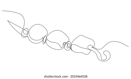 Skewer with kebabs in one line on a white background. Stock illustration with marshmallows for frying on the fire.