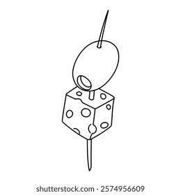skewer with olives and cheese. A sharp stick with a snack strung on it. Olives and a cube of cheese. Snacks on a white background. A hand-drawn outline. Contour illustration on a white background