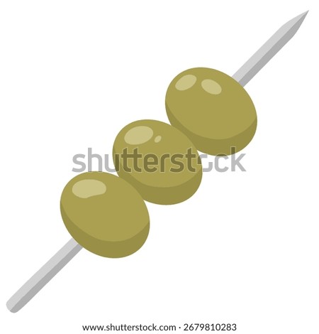 A skewer with pitted green olives. A sharp stick with berries strung on it. The berries are shaped like snacks. Three olives on a white background. Hand-drawn flat illustration on a white background