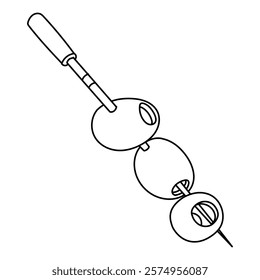 skewer with pitted olives. A sharp stick with strung berries. The berries are contoured like an appetizer. Three olives on white. A hand-drawn outline. Contour illustration on a white background