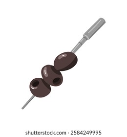 A skewer with pitted olives. A sharp stick with berries strung on it. The berries are shaped like snacks. Three olives on a white background. Hand-drawn flat illustration on a white background