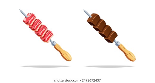 Skewer raw and grilled meat vector isolated on white background.