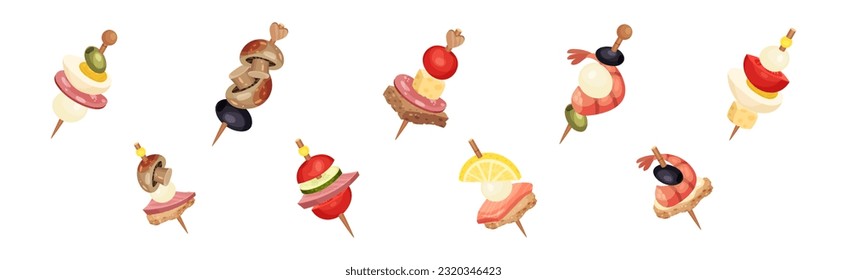 Skewered Canape or Appetizer as Cold Food Vector Set