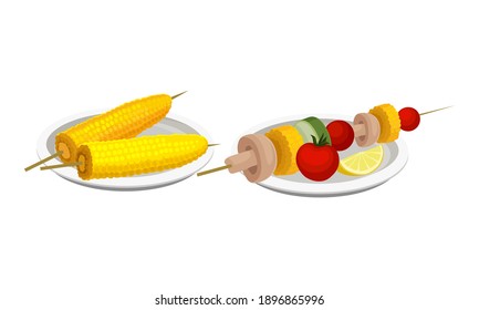 Skewered Corn Cob and Vegetables as Barbeque Food Served on Plate Vector Set