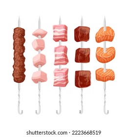 skewered food barbecue set cartoon. meat meal, grill chicken, kebab delicious, stick bbq, beef dinner, cuisine cooking, fresh pork, hot skewered food barbecue vector illustration