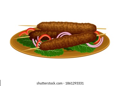 Skewered Kofta or Meatloaf Rested on Plate with Green Vegetables and Onion as Egyptian Dish Vector Illustration