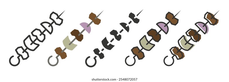 Skewered meat in different styles. A set of meat kebabs. For your kitchen. Skewers on skewers. EPS 10.