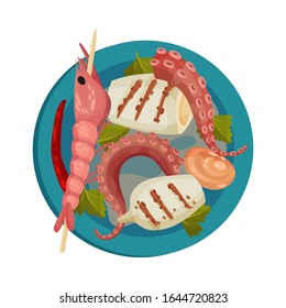 Skewered Prawn and Stuffed Squid Rested on Plate with Leaf Garnish Top View Vector Illustration