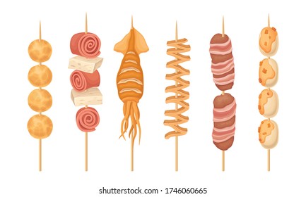 Skewered Street Seafood and Meat with Squid Hot and Spicy Snacks Vector Set