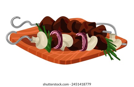 Las brochetas con barbacoa se colocan sobre una tabla de madera. Piezas jugosas con setas y cebollas. Carne con un pincho en una bandeja de servir. Para cocinar blogs, tarjetas de recetas. Ilustración vectorial