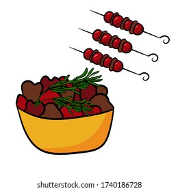 Skewers with tomatoes and a bowl of grilled meat and vegetables. Colorful vector illustration isolated on a white background.Design for travel and summer beach holidays.