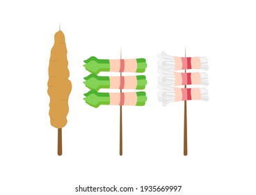 Skewers vegetables, asparagus, Enoki mushrooms, pork or meat on white background. BBQ party. Vector illustration.