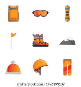 Ski accessories icon set. Cartoon set of 9 ski accessories vector icons for web design isolated on white background