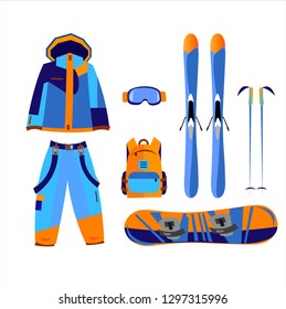 Ski ans snowboarding equipment. Flat vector illustration. Ski resort season is open. Vector graphics. 