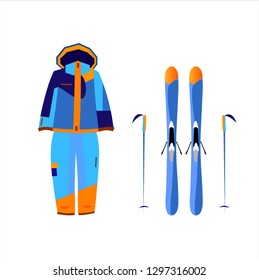 Ski ans snowboarding equipment. Flat vector illustration. Ski resort season is open. Vector graphics. 