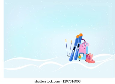 Ski ans snowboarding equipment. Flat vector illustration. Ski resort season is open. Vector graphics. 