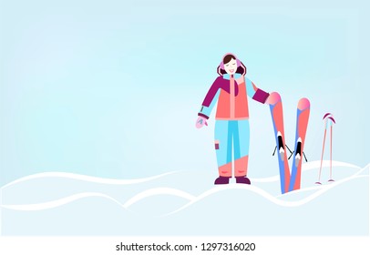 Ski ans snowboarding equipment. Flat vector illustration. Ski resort season is open. Vector graphics. 