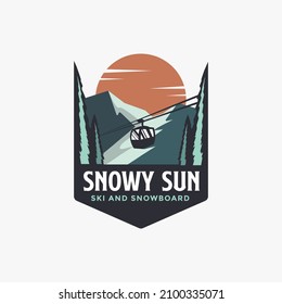 Ski badge logo, ski resort, skiing vector logo with gondola lift and snow mountain vector on white background