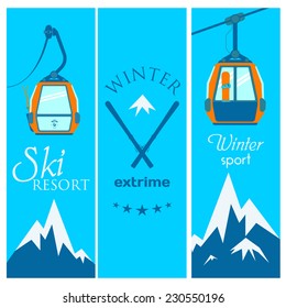 Ski banner with lift, skiing, snowboarding, mountains, on a blue background.