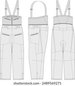 ski bib pants technical fashion illustration with waterproof zip pockets flat sketch front, back and side views