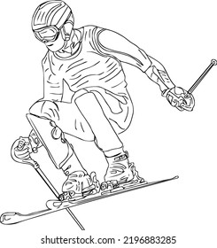 Ski Binding player vector, skier gliding on a snow cartoon doodle sketch drawing, line art silhouette of Man is skiing
