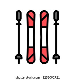 ski board and sticks equipment, winter sport related icon