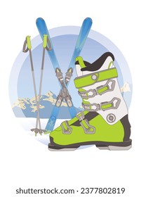 ski boot, ski poles and pair of skis crossed on snow with mountains in the background