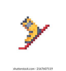 Ski and Ski Boot, winter sport icon. Skiing equipment isolated on white background pixel art style vector illustration. Elements for ski resort, mountain activities, logo. 8-bit.