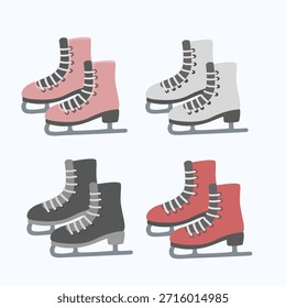 Skischuhe oder Schlittschuhe, Vektorgrafik-Set in rosa, weiß, schwarz und rot. Winterzubehör Clipart. Fußbekleidung oder Fußbekleidung, Schlittschuhwerk, flacher Vektor im Cartoon-Stil.