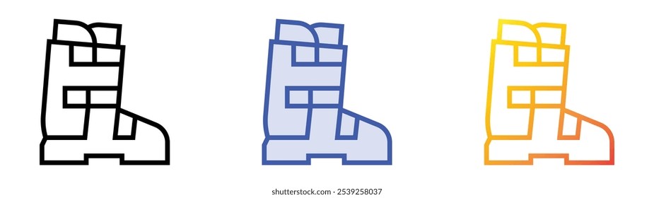 Icono de botas de esquí. Lineal, relleno azul y diseño de estilo degradado aislado sobre fondo blanco