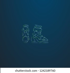 Ski  Boots Line Sketch  Glowing Green on Blue