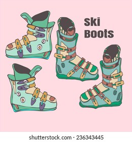 Ski Boots painted by hand. Individual vector objects. Ski equipment.
