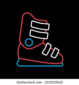 El vector de botas de esquí aislado en el icono de fondo negro. Señal de invierno. Símbolo gráfico del sitio web de viajes y turismo y diseño de aplicaciones, logotipo, aplicación, interfaz de usuario