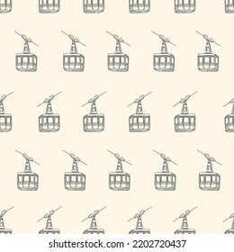 Ski Cabin Lift For Mountain Skiers And Snowboarders Moves In The Air On A Cableway On The Background Of Winter Snow Capped Mountains. Vector Flat Illustration. Line Style. Seamless Pattern