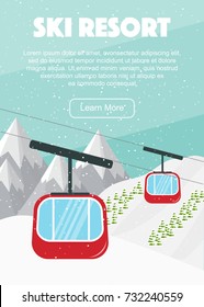 Ski cable car lift resort flat vector illustration. Swiss Alps, fir trees, snow hills winter background. Ski hills panoramic background, winter leisure activities. Cable car cartoon illustration.